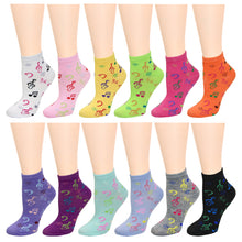 Load image into Gallery viewer, 12-Pack Musical Notes Women&#39;s Ankle Socks