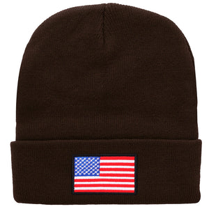 American Flag Embroidered Beanie Hat - Brown