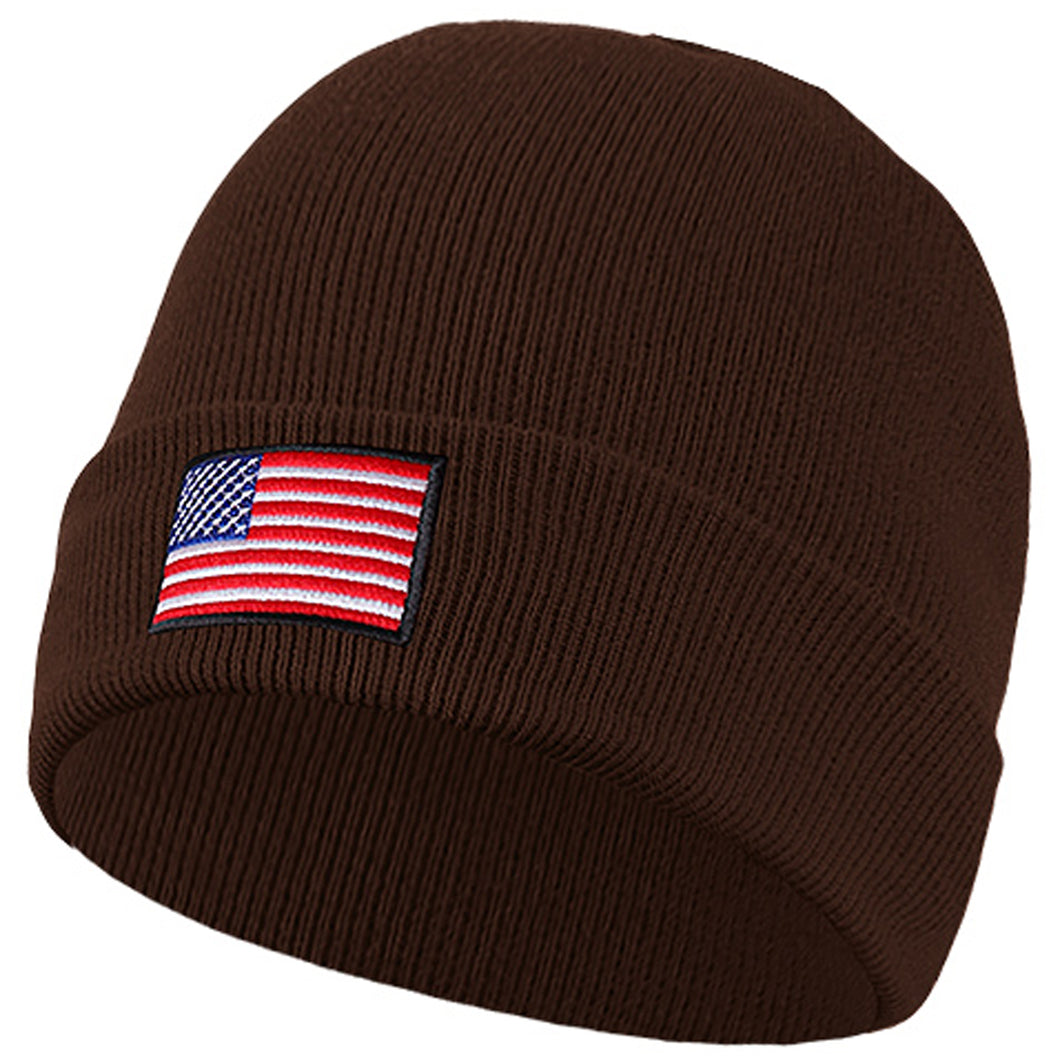 American Flag Embroidered Beanie Hat - Brown