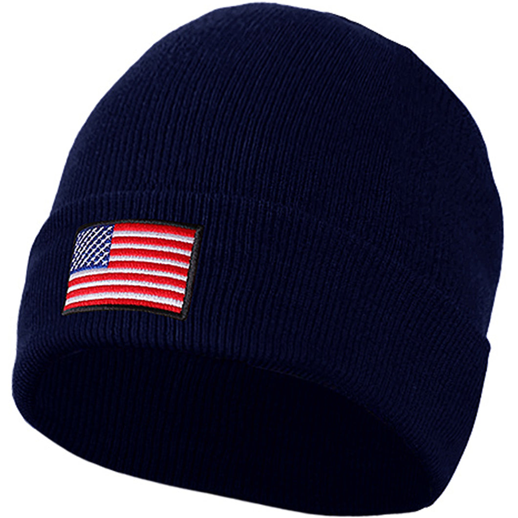 American Flag Embroidered Beanie Hat - Navy