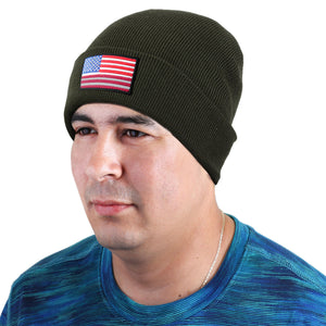 American Flag Embroidered Beanie Hat - Olive