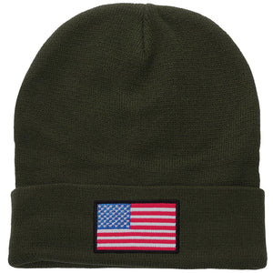 American Flag Embroidered Beanie Hat - Olive