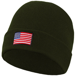 American Flag Embroidered Beanie Hat - Olive