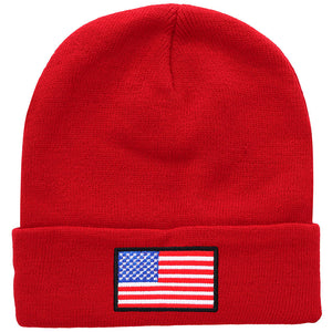 American Flag Embroidered Beanie Hat - Red