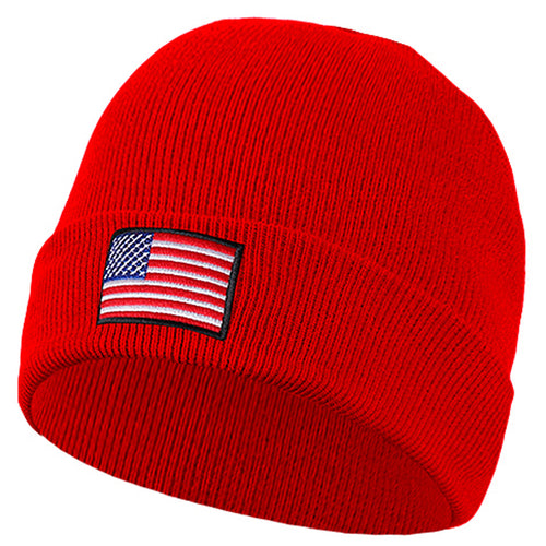 American Flag Embroidered Beanie Hat - Red