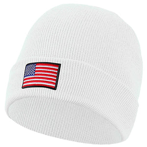 American Flag Embroidered Beanie Hat - White