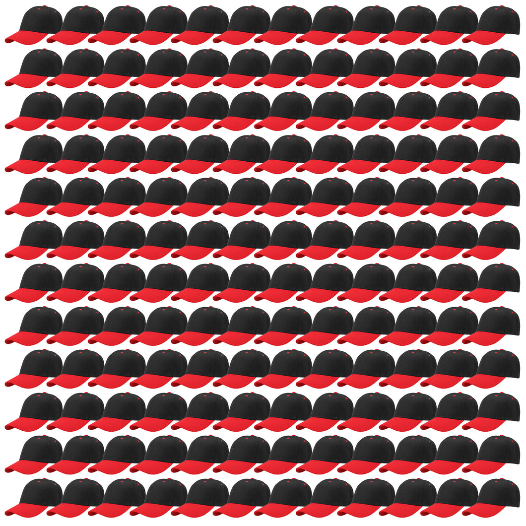 144-Pack Baseball Dad Cap Velcro Strap Adjustable Size - Black/Red
