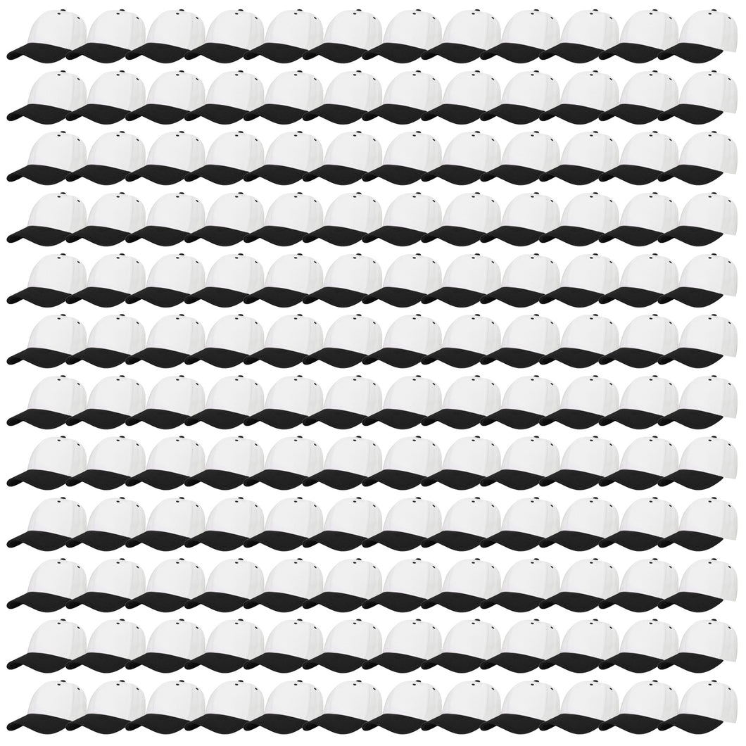 144-Pack Baseball Dad Cap Velcro Strap Adjustable Size - White/Black