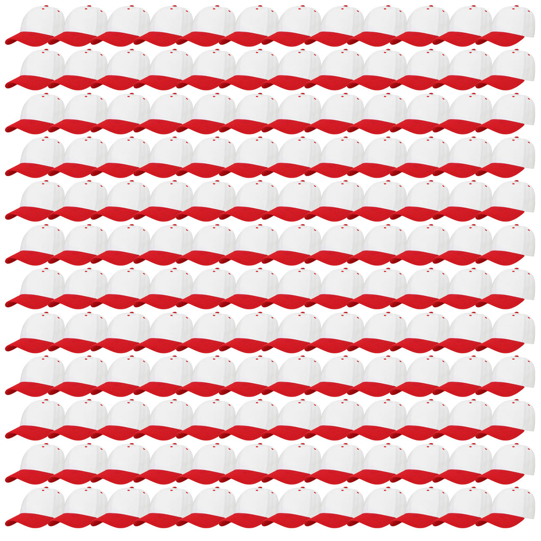 144-Pack Baseball Dad Cap Velcro Strap Adjustable Size - White/Red