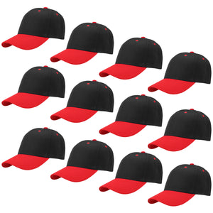 12-Pack Baseball Dad Cap Velcro Strap Adjustable Size - Black/Red