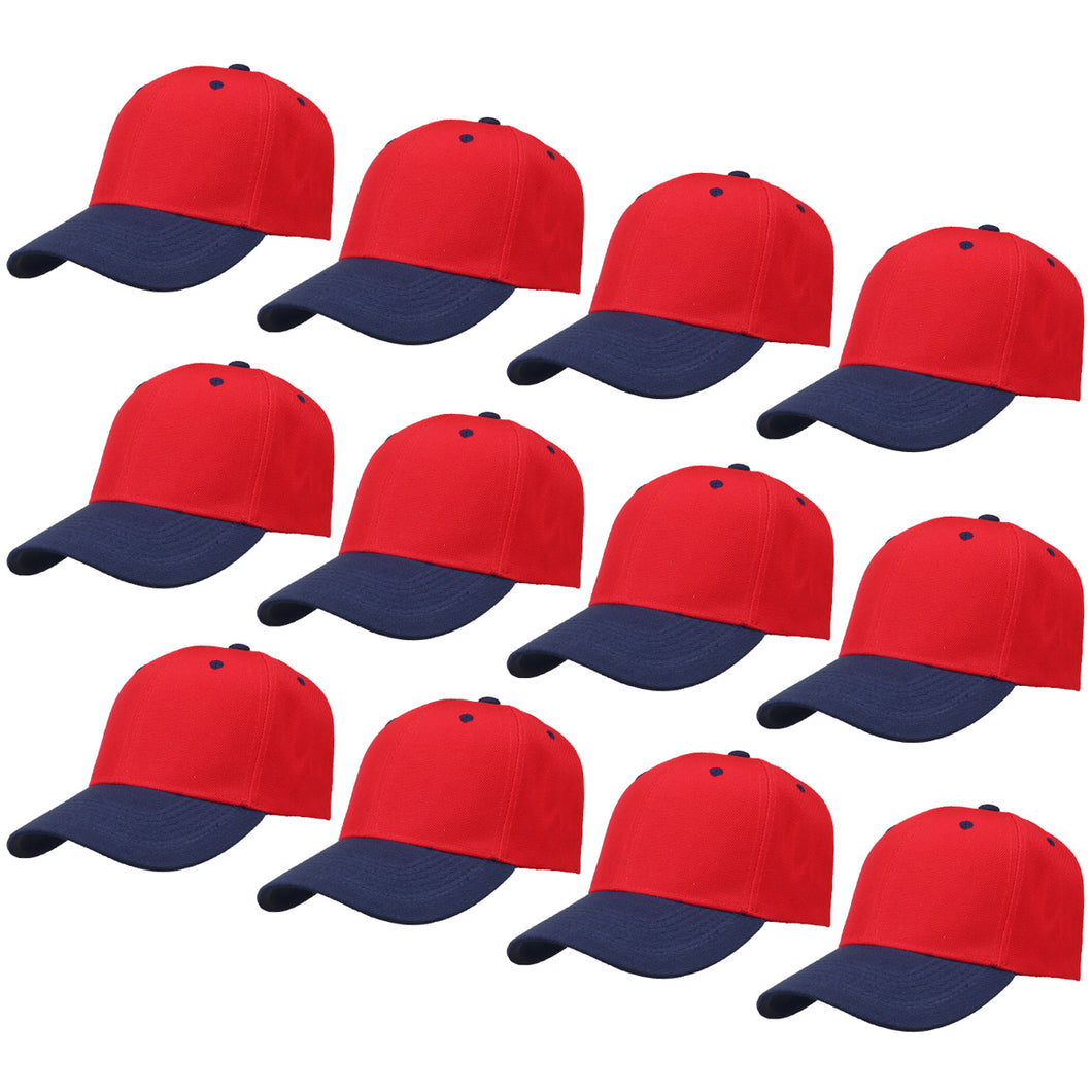 12-Pack Baseball Dad Cap Velcro Strap Adjustable Size - Red/Navy