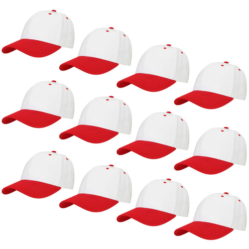 12-Pack Baseball Dad Cap Velcro Strap Adjustable Size - White/Red