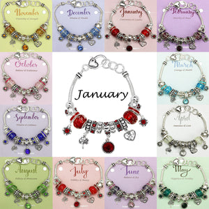 Birthstone Bracelet Multi-Color Charm Beads Silvertone