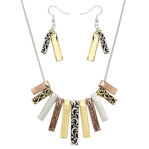 Tri-Tone Fashion Necklace Earring Set