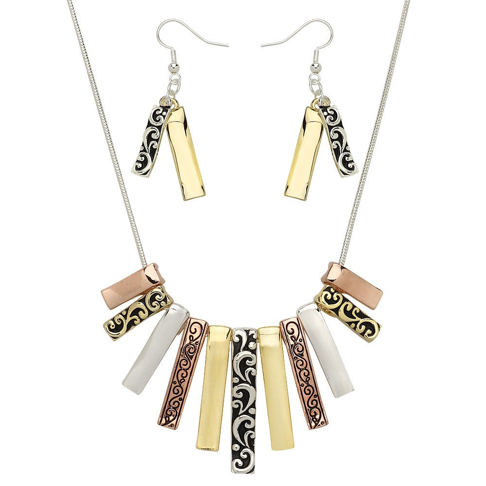 Tri-Tone Fashion Necklace Earring Set