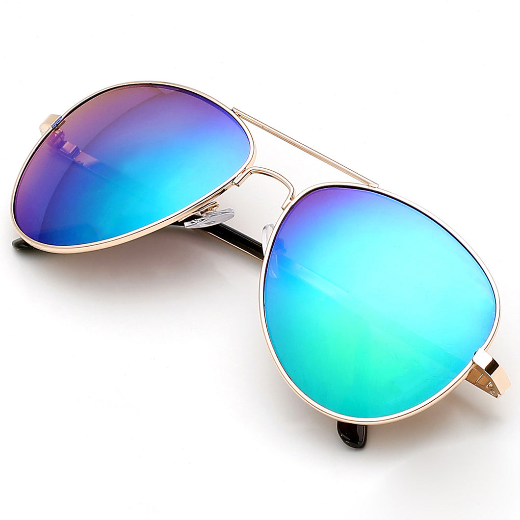 Aviator Sunglasses Classic - Non-Polarized - Gold Frame - Blue/Purple Mirror
