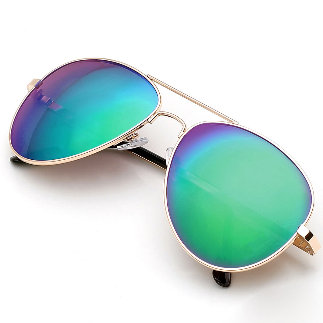 Aviator Sunglasses Classic - Non-Polarized - Gold Frame - Green/Blue Mirror