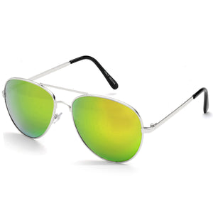 Aviator Sunglasses Classic - Non-Polarized - Silver Frame - Green/Lime Mirror