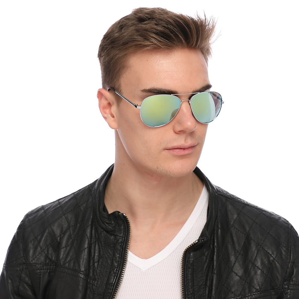 Aviator Sunglasses Classic Non Polarized Silver Frame Green Lime Mirror