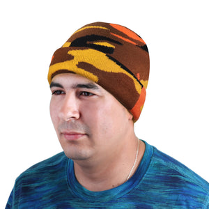 Knitted Beanie Hat - Orange Camouflage