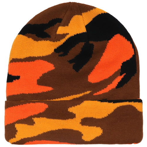 Knitted Beanie Hat - Orange Camouflage