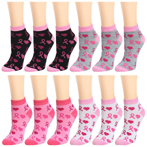 12-Pack Pink Ribbon Women's Ankle Socks