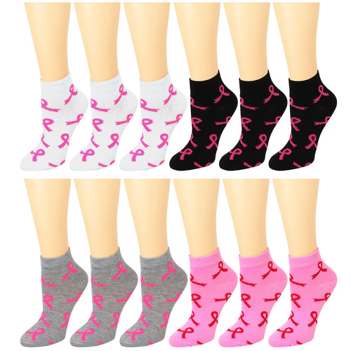 12-Pack Women's Ankle Socks Pink Ribbon Breast Cancer Awareness