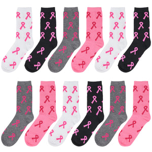12-Pack Women's Crew Socks Breast Cancer Awareness