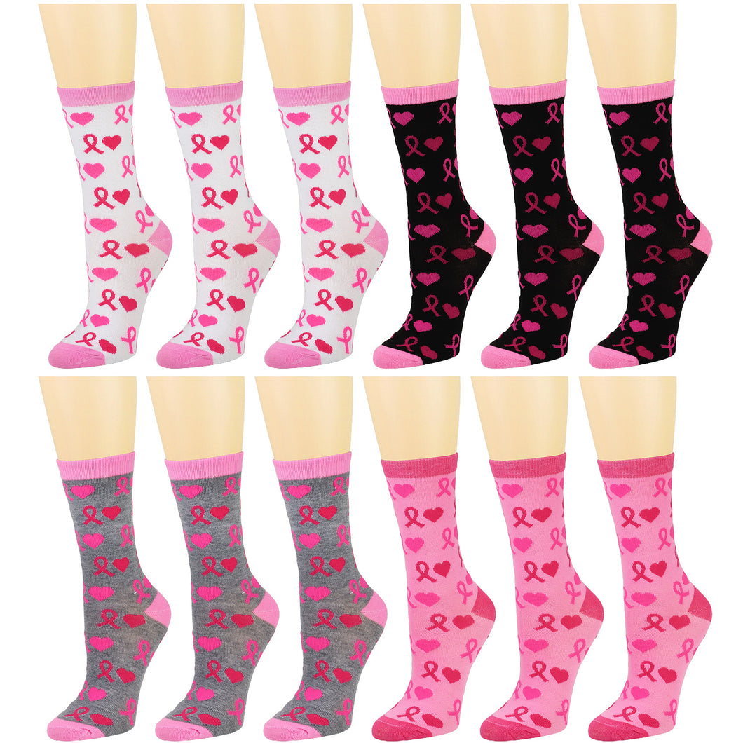 12-Pack Women's Crew Socks Pink Ribbon & Heart