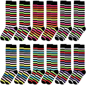 12 Pairs Women Knee High Over the Calf Socks - Multicolor Striped