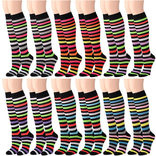 12 Pairs Women Knee High Over the Calf Socks - Multicolor Striped