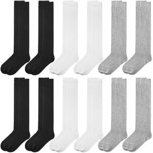 12 Pairs Women Knee High Over the Calf Socks - Black Gray White