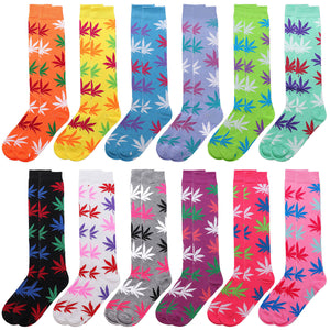 12 Pairs Women Knee High Over the Calf Socks - Leaves