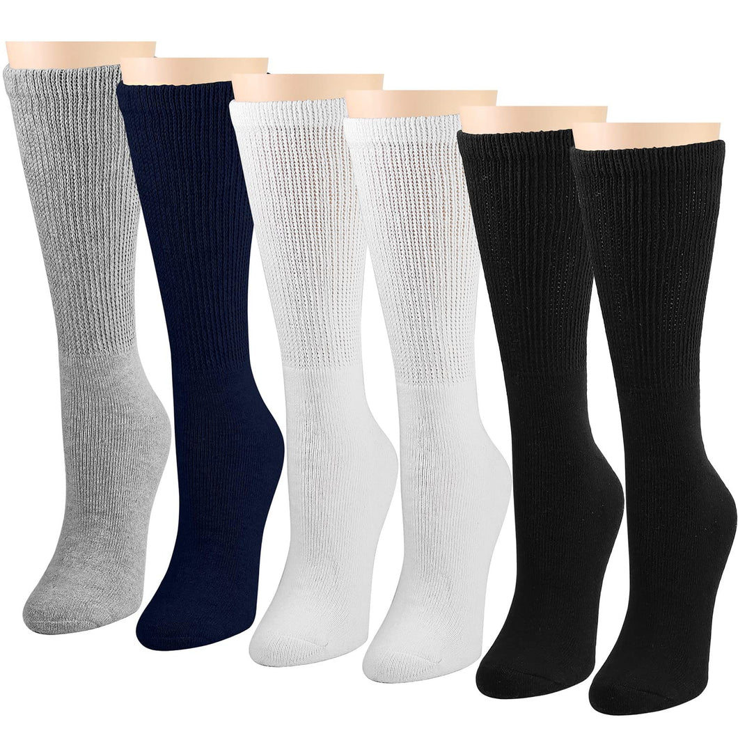 Falari Women Diabetic Socks Diabetes Edema and Circulatory Loose Fitting Cotton Crew Socks - 6 Pairs BK/GY/NY/WT