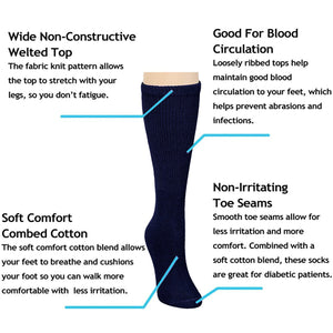 Falari Women Diabetic Socks Diabetes Edema and Circulatory Loose Fitting Cotton Crew Socks - 6 Pairs Navy