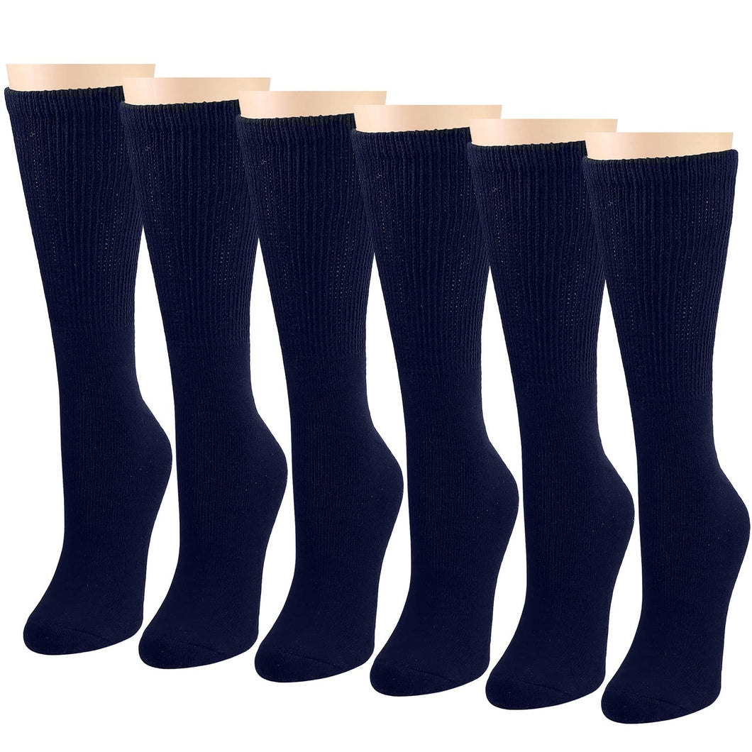 Falari Women Diabetic Socks Diabetes Edema and Circulatory Loose Fitting Cotton Crew Socks - 6 Pairs Navy