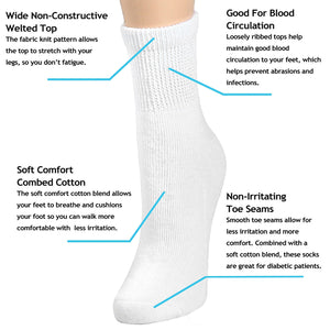 Falari Women Diabetic Socks Diabetes Edema and Circulatory Loose Fitting Cotton Quarter Socks - 6 Pairs BK/GY/NV/WT