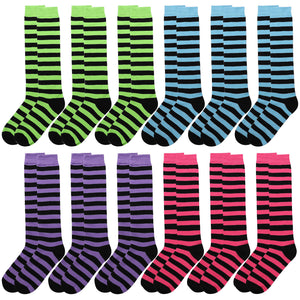 12 Pairs Women Knee High Over the Calf Socks - Black Stripes