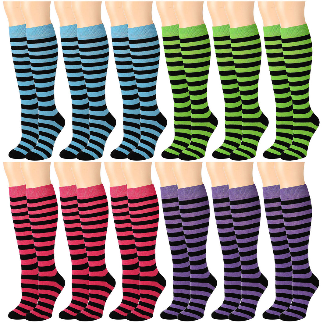 12 Pairs Women Knee High Over the Calf Socks - Black Stripes