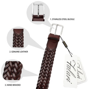 Men's Leather Braided Belt Stainless Steel Buckle 35mm 9007
