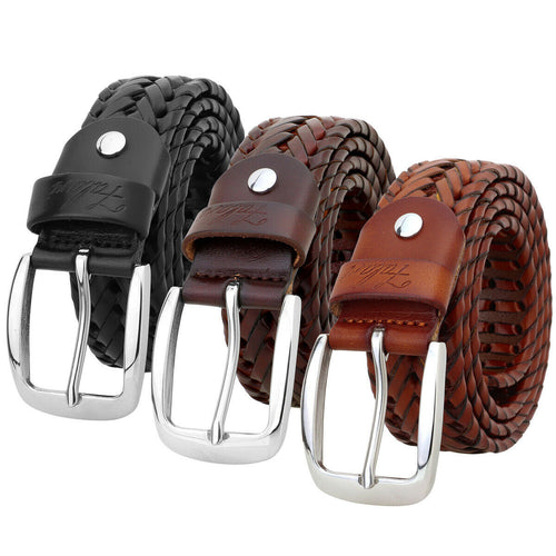 Men's Leather Braided Belt Stainless Steel Buckle 35mm 9011